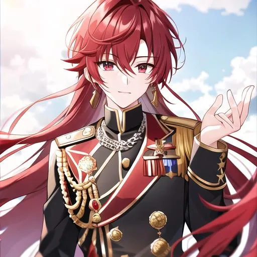 Prompt: Zerif male (Red half-shaved hair covering his right eye) 4k, wearing a royal uniform