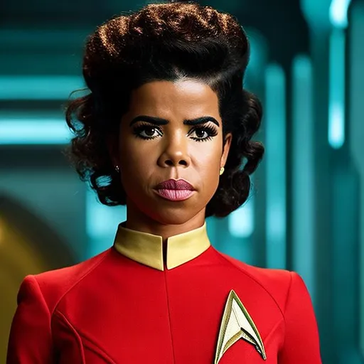 A portrait of Kelis wearing a Starfleet uniform in the style of Star Trek the Next Generation