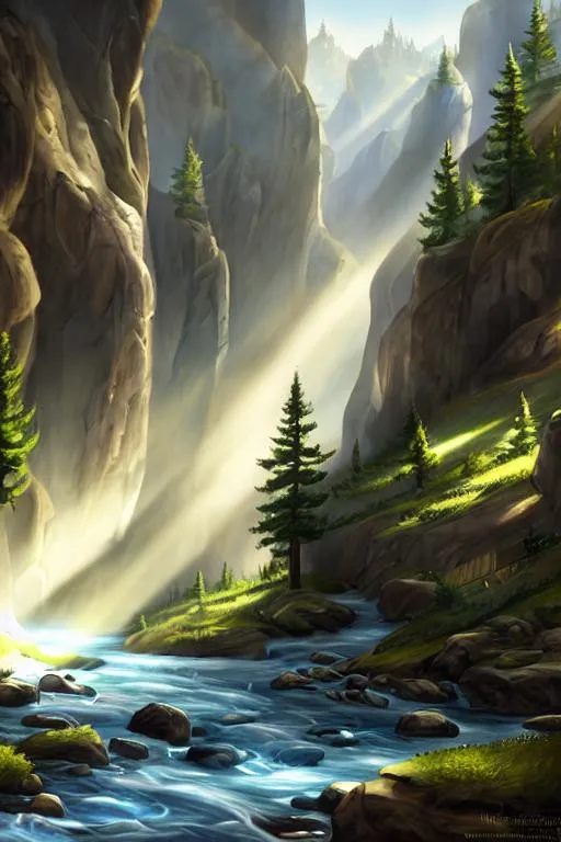 Prompt: a narrow valley with pines and fields and a wild stream running through, surrounded by massive mountain ranges, fantasy artwork, epic fantasy, very beautiful scenery, intricate detail,

dynamic lighting, studio lighting, volumetric lighting, sunlight, sunlight reflection, reflection, water reflection, shadow,
detailed brush stroke,

HD, UHD, cinematic 4k wallpaper, 8k, ultra detailed, high resolution, artstation, epic composition, concept art, 8k post-processing, epic scale, soft pastel fantasy color, matte painting, cinematic, low saturation, masterpiece, professional work, digital hand painting concept art,