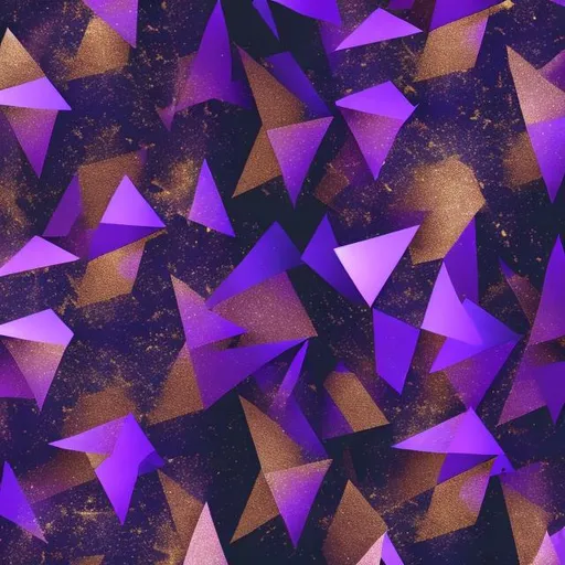 Prompt: Pattern of blue and purple sharp geometric stars with gold dust streaming behind them on a black background