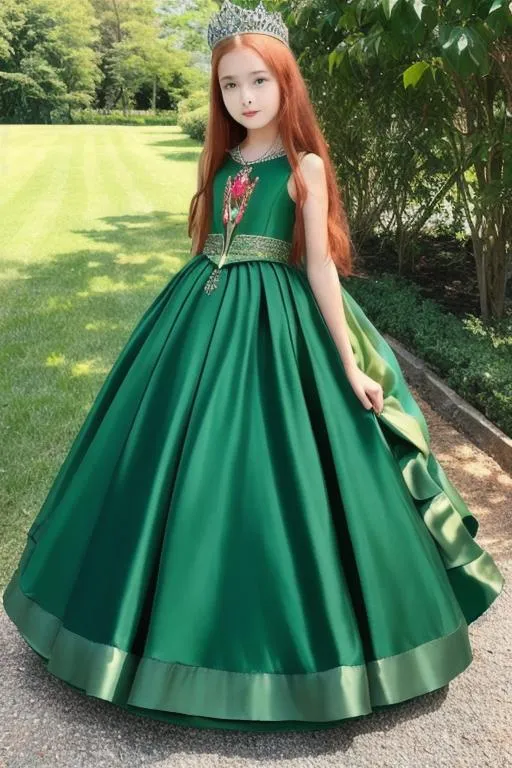 Prompt: Girl 14yo, Queen green dress, dress long, Queen crown, red hair,