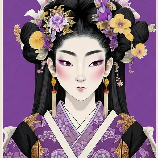 Prompt: High quality portrait of a Japanese Oiran. She has lightly colored pale skin and is very beautiful. Her hair is black and is decorated with purple, silver, and gold hairpins. Her elaborate kimonos are white and purple with checkered patterns. She wears a blue spider lily on her left ear and wears a beautiful purple obi patterned with traditional Japanese mist colored white.