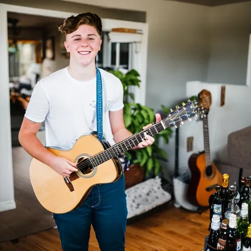 Prompt: One young man, by himself, with freckles, wearing a white shirt. He is playing guitar at a house party. There are empty alcohol bottles. 