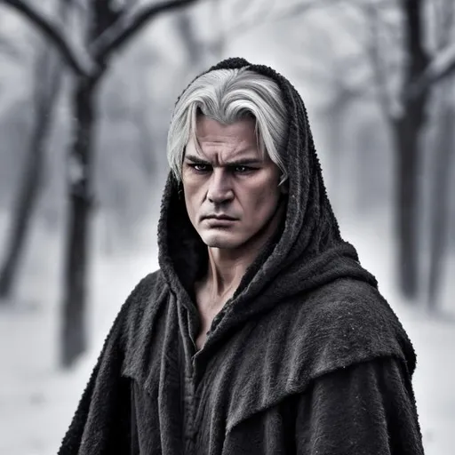 Prompt: He pulled off his hood to reveal neatly cut gray hair, a
mournful yet handsome face red-cheeked from the chilly day, and dark eyes
that seemed themselves almost to be weapons of love.