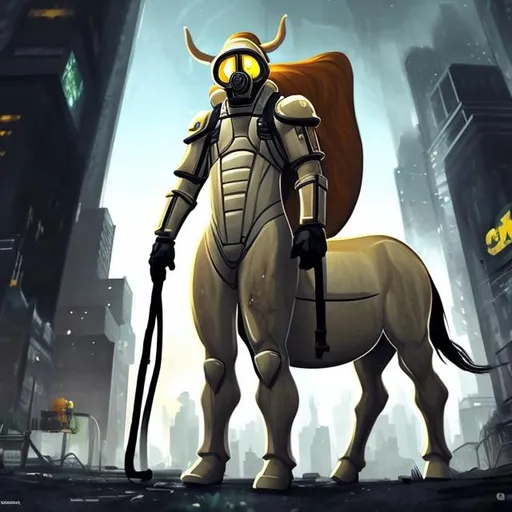 Prompt: A centaur wearing a hazmat suit hunting in a city, photorealistic, dark lighting, concept art