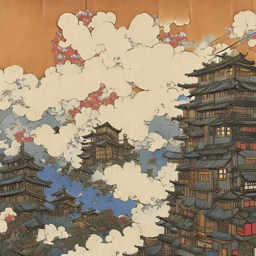 Prompt: Japanese Meiji era paper art rendition of howl’s moving castle oil painting 
