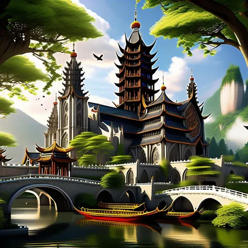 Prompt: Cathedral: A fusion of Chinese and Gothic architecture, adorned with intricate carvings, elegant pagoda roofs, spires, flying buttresses, and soaring pointed arches. A testament to the harmonious blend of cultures.

Environment: The cathedral stands majestically in a picturesque landscape, surrounded by rolling hills, lush greenery, and a tranquil canal flowing through the nearby town.

Mood/Feelings: A sense of awe and reverence fills the air as sunlight streams through stained glass windows, casting vibrant hues upon the peaceful atmosphere. Serenity and spirituality intertwine.

Artistic Medium/Techniques: The scene is captured through a combination of photography and digital manipulation, enhancing the vibrant colors and intricate details. Long exposure techniques capture the flowing water of the canal.

Artists/Illustrators/Painters/Art Movements: Influenced by the works of Zaha Hadid, Antoni Gaudí, and the Art Nouveau movement, this artistic representation pays homage to the fusion of cultures and the beauty of architectural diversity.

Camera Settings: Shot with a DSLR camera using a wide-angle lens to capture the grandeur of the cathedral. Aperture set to f/8 for optimal depth of field. Film type: Digital.