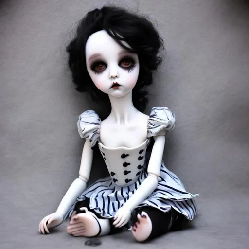 Prompt: Porcelain doll in the style of Tim Burton 