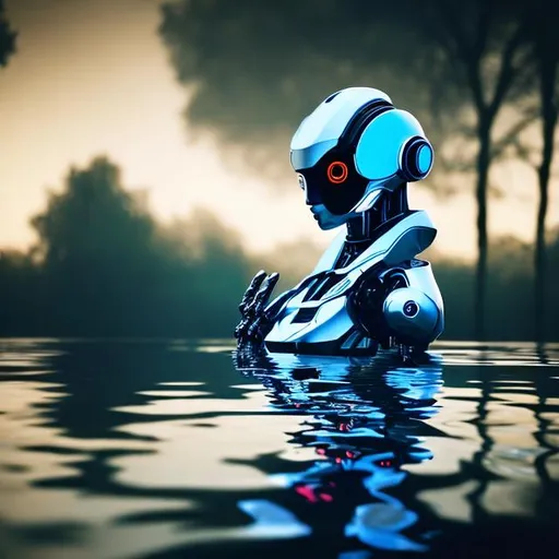 Prompt: An AI robot gazing at its reflection in water.