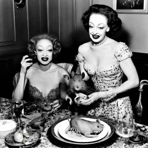 Prompt: Betty Davis at the dinner table and Joan Crawford has a rat on a plate in front of her for dinner 