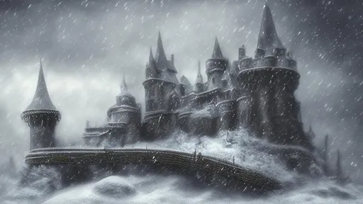 Prompt: Hyperrealistic haunted ghostly eerie foggy Moonlight haunted castle winter storm