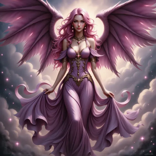 Prompt: A woman dressed in purple with large wings on her back with