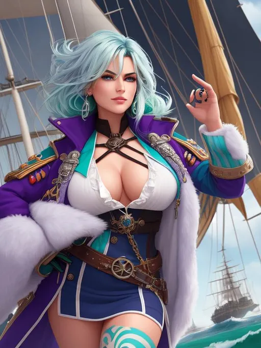 Prompt: ombre light blue-green-purple-white hair, pirate captain, girl, fantasy, coat, daunting, intimidating, serious, cruel smile, mole under eye, docked futuristic galleon ship in background, bodacious, mole on body, fullbody, ((full body)) {{good looking}} {{cute}} {{good body}} {{tight}}, symmetrically colored hair, {{shadows}},
