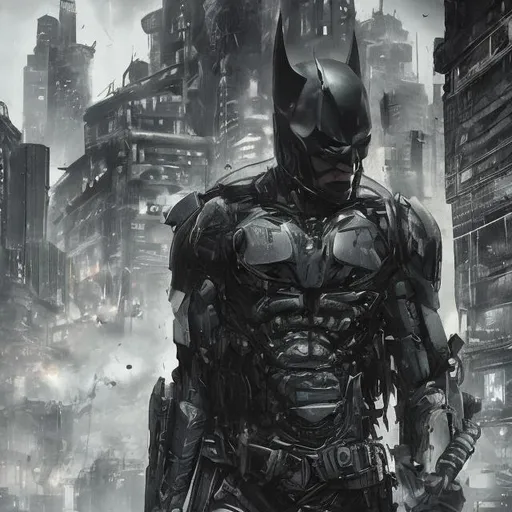 Prompt: Very dark black, good and green evil distant future bionic batman. Accurate. realistic. evil eyes. Slow exposure. Detailed. Dirty. Dark and gritty. Post-apocalyptic Neo Tokyo. Futuristic. Shadows. Sinister. Armed. Fanatic. Intense. 