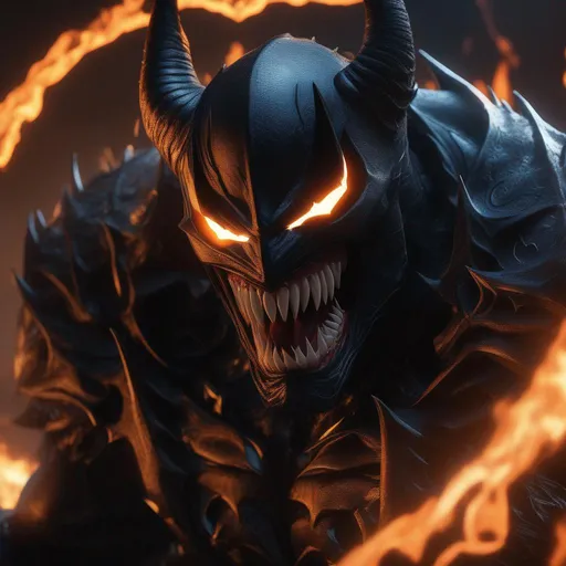 Prompt: a death knight with a Venom mouth (Venom movie), with horns forward on his forehead, orange fire eyes, next to Batman from DC comics, Hyperrealistic, sharp focus, Professional, UHD, HDR, 8K, Render, electronic, dramatic, vivid, pressure, stress, nervous vibe, loud, tension, traumatic, dark, cataclysmic, violent, fighting, Epic