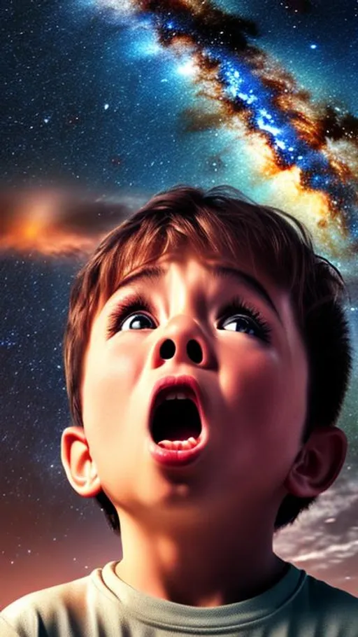 Prompt: A realistic photo of an astonished little boy look up to the midnight sky, galaxy in night sky, natural, glamorous, wonderful, stars and planets, landscape, wide view, hd, 4k, ultra realistic.