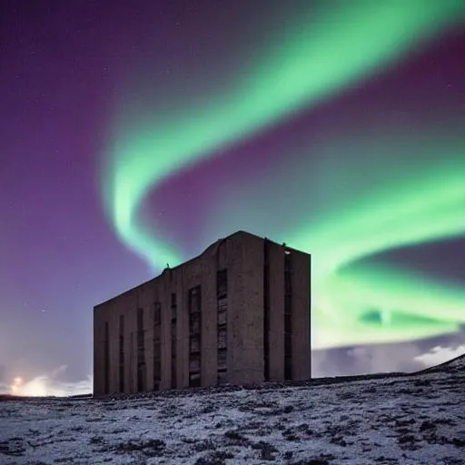 Prompt: brutalist architecture on the side of a snowy mountain. with the northern lights in the sky