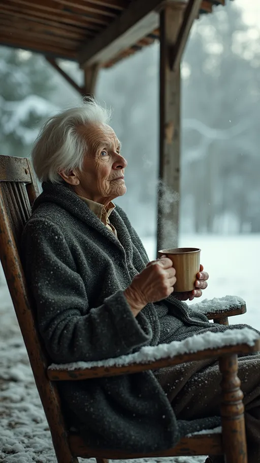Prompt: Hyper-realistic three-quarter profile portrait of an ethereal 60-year-old Spanish woman. Her weathered yet beautiful skin, textured with subtle wrinkles and blemishes, is exposed to the biting cold as she lounges in a rocking chair. She holds a steaming mug of tea in her hands, the warmth seemingly protecting her from the bitter winter chill. Her legs are folded comfortably under her, her posture calm and regal, as she gazes pensively into the distance from the edge of her porch.

A faint wisp of snow dust swirls delicately around her, caught momentarily in the air before drifting off into the quiet clearing. Despite the elements, she remains serene, her magical aura exuding warmth and vitality.

The weathered porch, attached to an old double-wide trailer home, bears signs of age, its wood cracked and faded. The trailer rests in the center of a clearing, encircled by a dense, magical forest. Towering trees form a protective, almost mystical barrier around the open space.

The woman is old and thin, yet exudes strength and allure, her life etched on her body through the marks of joy and sorrow. Her jet black hair flows in loose, natural curls over her shoulders, framing her face and contrasting with her striking hazel eyes, lost in deep contemplation.

She wears revealing pajamas, their delicate fabric barely shielding her from the falling snow. The cold enhances the contrast between her ethereal warmth and the wintery surroundings, accentuating her otherworldly presence.

Large snowflakes fall gently around her, some magically suspended in mid-air before softly touching the ground. The entire scene emanates a supernatural, dreamlike quality—winter magic personified.

Keywords for focus: supernatural, magical, winter, snow, ethereal beauty, thin body, textured skin, realism, jet black hair, hazel eyes, serene mood, rustic setting.