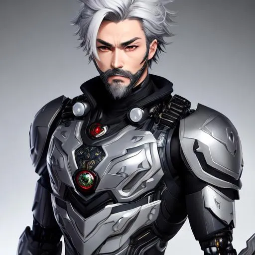 Prompt: Ninja, Digital art gorgeous man, handsome, masking, full body shot, confident expression, mecha, intricate detail grey hair, facial hair, Genshin Impact vibe, HDR, UHD, 64K, ambient light, ArtStation, Pinterest, super hero, cinematic, kamen rider, tokusatsu, breathtaking, perfect eyes