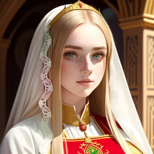 Prompt: Portrait of {freckled young woman} with {long flowing white} hair and {light green eyes} with cute face, {wearing red and gold byzantine dress} {medieval background}, perfect composition, hyperrealistic, super detailed, 8k, high quality, trending art, trending on artstation, sharp focus, studio photo, intricate details, highly detailed, by greg rutkowski