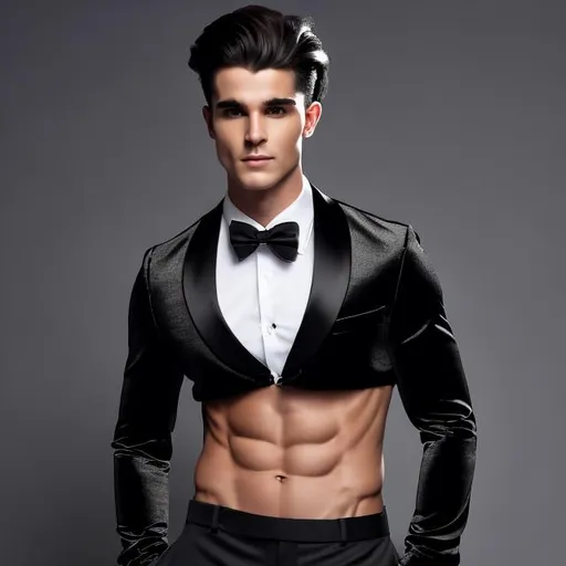 Prompt: Make a great photo of an attractive extremely long wavy hair young adult man with a six pack abs wearing a crop top black long sleeve closed buttoned up tuxedo with a bowtie, black tuxedo pants and a bare midriff, he also has an exposed belly button, he is flexing his abs with his crop top, detailed, 4k, lighting,  professional lighting, art, concept art, award winning photography, cinematic, cave lighting