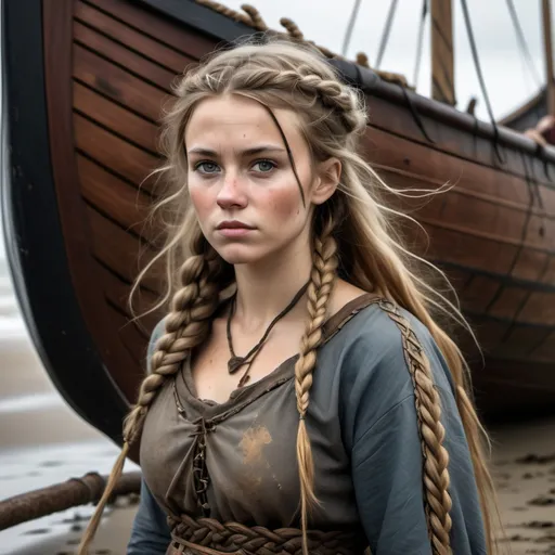 Prompt: Aftermath of a battle, a Viking Longship on an overcast English beach.
A young and beautiful Anglo-Saxon peasant woman from the Viking era with soot and dirty smudges from battle on her features, beautiful feminine features, cleavage, crouching on the bottom of Viking Longship. Her long, golden-brown hair is loosely braided, with a few strands escaping to frame her delicate yet weathered face, stained with hints of soot. Her deep blue eyes reflect resilience and warmth. She wears a simple but well-crafted woolen dress in earthy tones, cinched at the waist with a woven belt, and a linen apron dusted with soot. A silver Thor’s hammer pendant rests on her chest, a symbol of her Norse influences.
Background: an Anglo-Saxon beach, overcast, Viking longships on beach, The wind lightly lifts the hem of her dress, hinting at movement. The atmosphere is rich with texture, from the rough-hewn wood to the smudges of ash on her hands, embodying the rugged horror of medieval battle aftermath