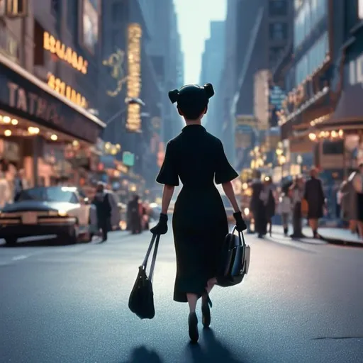 Prompt:   Winnie the Pooh dressed as Audrey Hepburn in Breacfast at Tiffany's in a black dress and black hat, walking along the street in NY , unreal engine, octane render