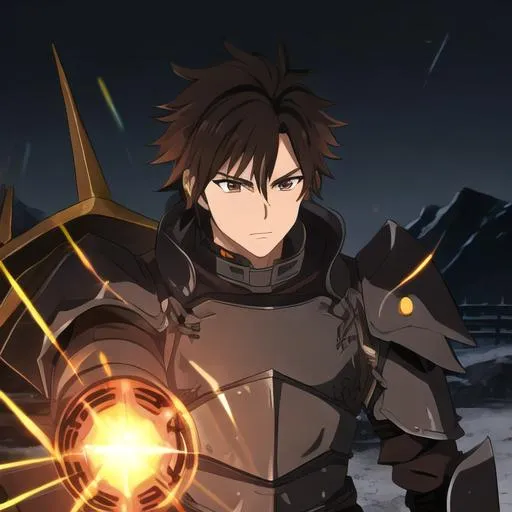 Prompt: Anime man, black brown messy hair, brown eyes, necromancer, in armour, shiny