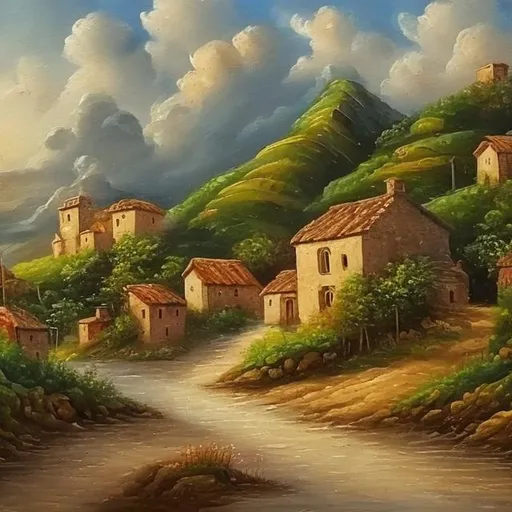 Prompt: an oil painting of a small village near the sea
