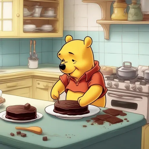 Prompt: Winnie the Pooh baking a Chocolate cake, 4k, high quality, good stove, inside a kitchen