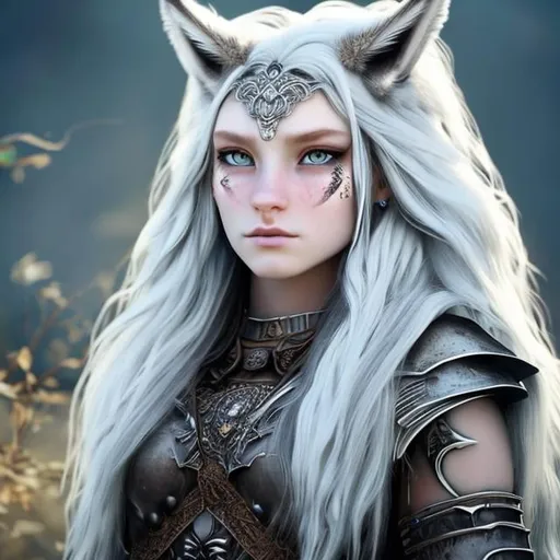 Prompt: Warrior princess, white long hair, beautiful simetrical face with bright blue eyes and wolf ears. Age around 30, soft light, realistic 