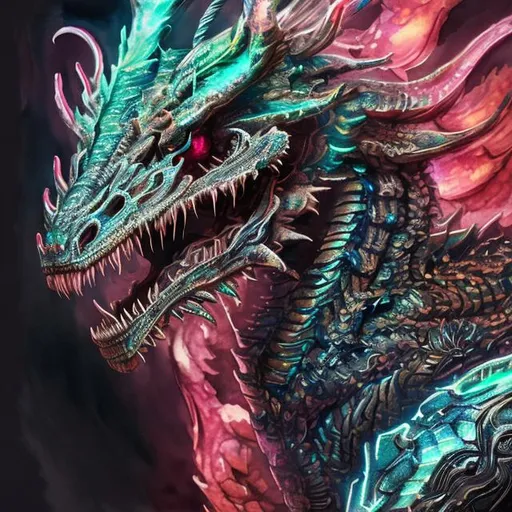 Prompt: portrait of a roaring neon skeleton dragon with fangs and iridescent black markings and a cute face, perfect composition, watercolor on paper with pencils, hyperrealistic, super detailed, 8k, high quality, trending art, trending on artstation, sharp focus, studio photo, intricate details, highly detailed, digital art