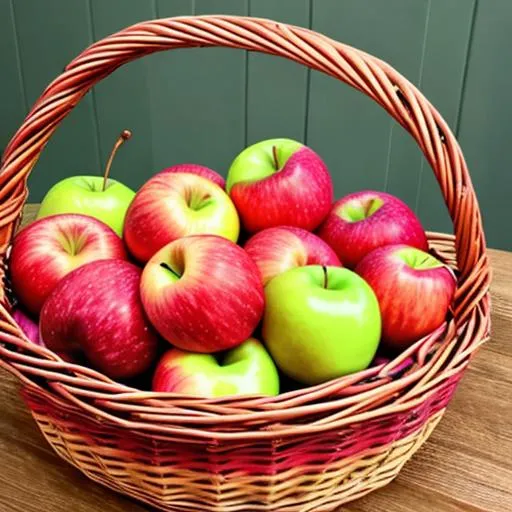 Prompt: A large wicker basket filled with multi colored chromatic apples, sitting on a table top, other fruit on the table 