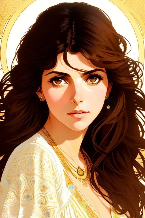 Prompt: Upper body portrait of Cute girl Marisa Tomei, 25 years old, brown long hair, tan skin, sundress, intricate, detailed face. by Ilya Kuvshinov and Alphonse Mucha. Dreamy, sparkles