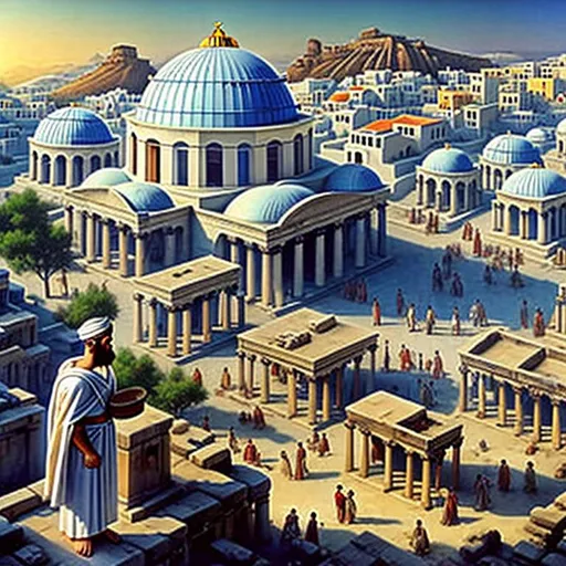 Prompt: A Greek person is wearing a necktie and a toga, the person is wearing a ten-gallon hat, the area is surrounded by buildings with blue domes, landscape, realistic, photograph