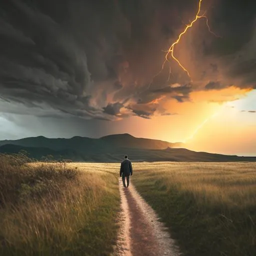 Prompt: Landscape, lone man walking path with one dog in foreground, looking at horizon in background, undulating hills, grassy, rocky, river, there's a sunset on horizon but a bad storm cell rages ahead, 40mm lens, wide shot, light rays, bokeh, spotlights, cinematic lighting, 3d ray tracing, 