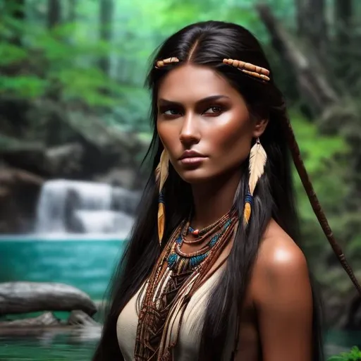 Prompt: professional modeling photo pocahontas as live action human woman hd hyper realistic beautiful native american warrior woman black hair brown skin brown eyes beautiful face native american dress and jewelry enchanting
forest hd background with live action realistic river and waterfall with weapons