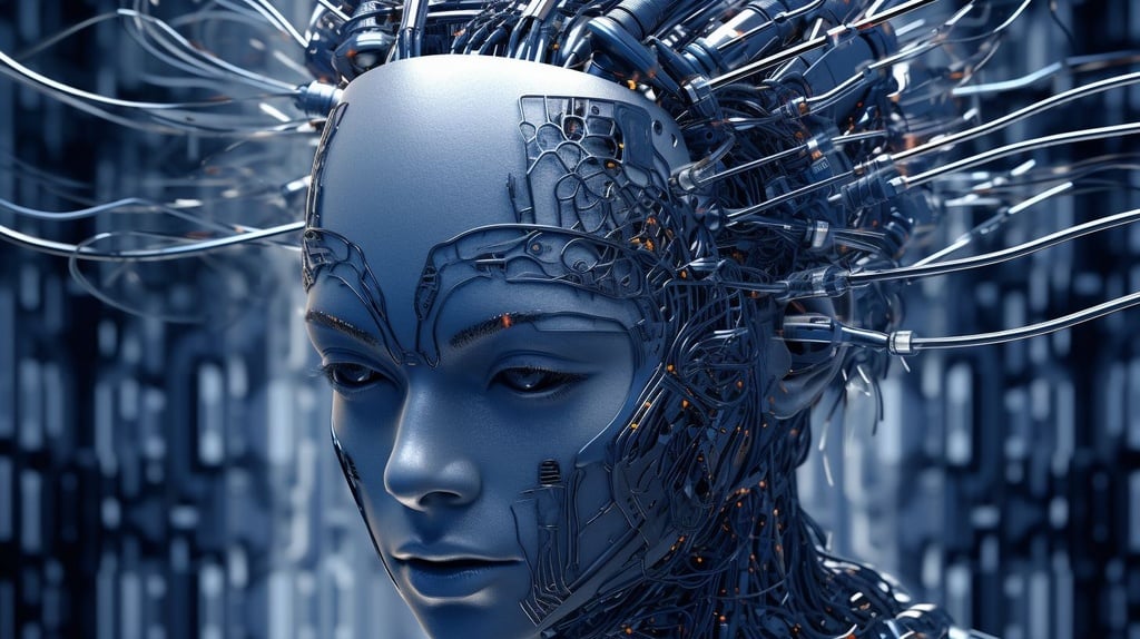 Prompt: 3d image of artificial head of a woman with electrical wiring, in the style of cyberpunk imagery, made of insects, dark silver and dark navy, intel core, 8k resolution, algorithmic artistry, intricate detail