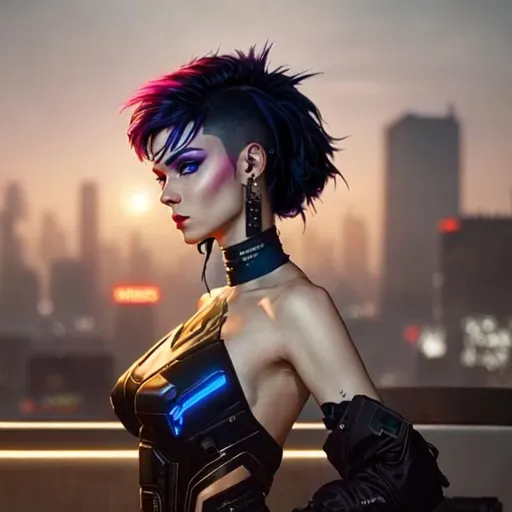 Prompt: beautiful pale cyberpunk female with heavy black eyeliner, black tight hazmat suit, blue eyes, shaved side haircut, hyper detail, cinematic lighting, neon hair,  neon bar and tables, couches, red lighting, magic neon, dark red city
