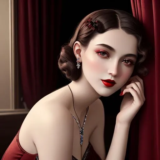 Prompt: Ethereal fantasy,  a beautiful 1920's high class young aristocrat female with dark brown eyes perfect cherry red lips wearing a very beautiful formal gown