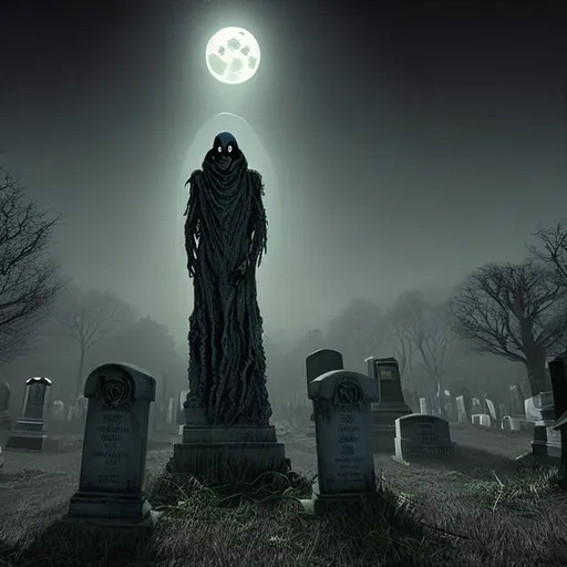 Prompt: Ghoul, lovecraft, cemetery, night, full moon, realistic