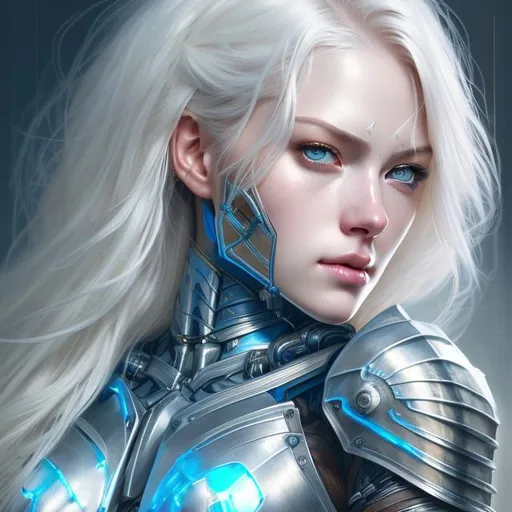 Prompt: Beautiful strong female knight, smooth soft skin, beautiful sharp ice blue eyes, very long platinum blonde beautiful hair, symmetrical, soft lighting, detailed face, stanley artgerm lau, wlop, rossdraws, digital painting, looking into camera, cyborg, cyber punk