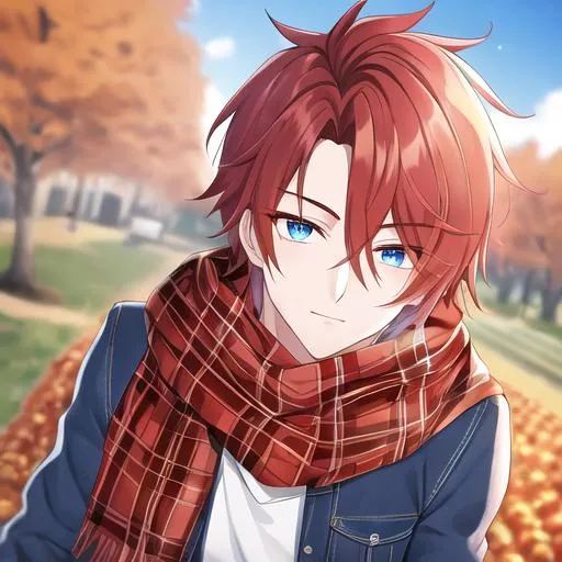 Prompt: Zerif 1male (Red side-swept hair covering his right eye, blue eyes), highly detailed face, wearing a cozy flannel shirt and a pair of stylish jeans. In the park, fall.  wearing a scarf, looking up at the sky, in a pumpkin patch, adult. Handsome,  detailed, UHD, HD, 4K, highly detailed, red haze, masculine, anime style