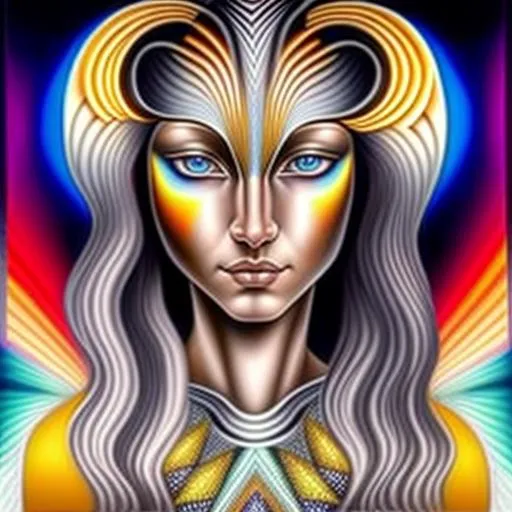 Prompt:  The geometric background is backlit in the style of Alex Grey, the foreground is in the style of Botticelli. A beautiful indigenous  woman, with gray hair, four gray-colored eyes, one set of eyes over the top of the other set of eyes