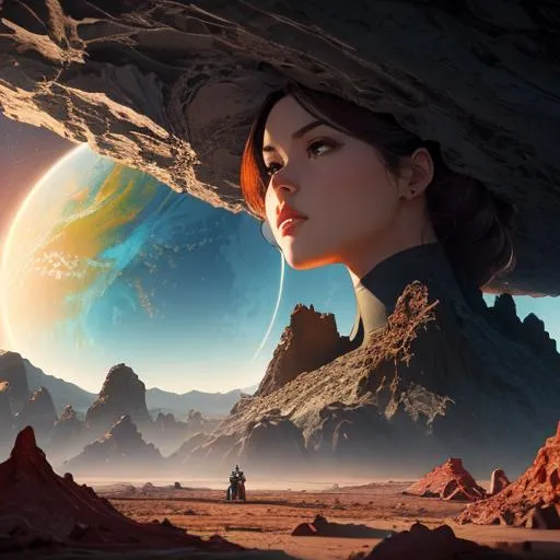 Prompt: Create a high-resolution head and shoulders painting of a planet-sized, gorgeous giantess bursting out of the Earth's crust. The scene should be intense and dramatic with cinematic lighting that highlights her stunning features. The artwork should be inspired by the styles of Norman Rockwell, Craig Mullins, and Ross Tran, and should be in 4K resolution. The focus should be on the giantess's face and upper body as she emerges from the planet, and the overall effect should be awe-inspiring and powerful.