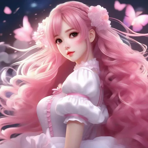 Prompt: 3d anime woman pink long curly pigtails hair and white dress and beautiful pretty art 4k full HD
