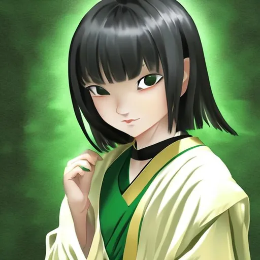 Prompt: Blind monk girl with black hair in green clothes. Anime style