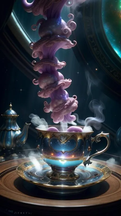 Prompt: A tea cup full and from its steam galaxies are forming, detailed scene, digital painting, hyperrealistic, fantasy, Surrealist, by Ciro Marchetti and Brian Froud, artstation, highly detailed, sharp focus, wide angle shot, sci-fi, stunningly beautiful, utopian, soft bright colours, cinematic lighting, dark