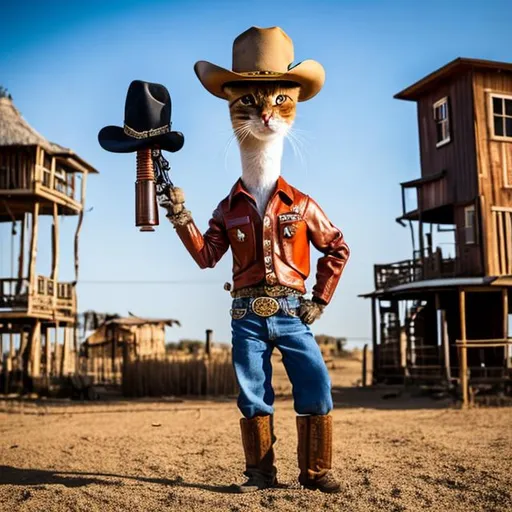 Prompt: cat standing on stilts, wearing a cowboy hat, with a gun at his side