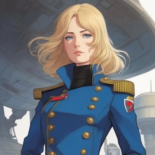Prompt: Whole body. Full Figure, from distance. a Young noble woman in 20th century scifi uniform. Cute. Blonde hairs. Blue eyes. Akira art. Anime art. Captain Harlock art. Leiji Matsumoto art. 2d art. 2d. well draw face. detailed.